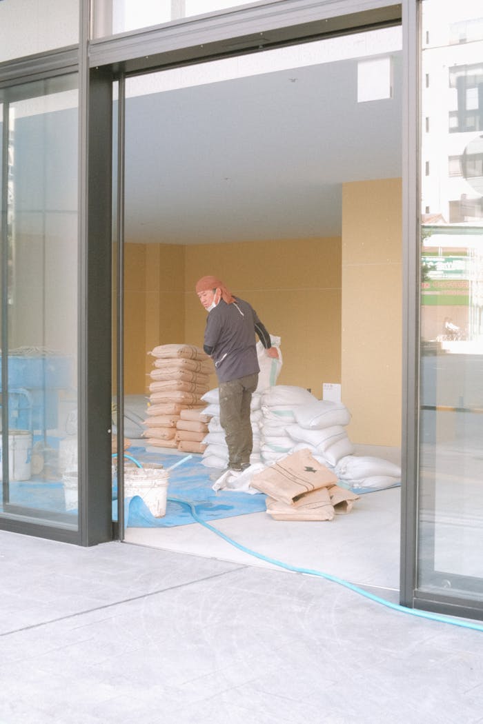 A construction worker organizing cement bags indoors during a renovation project.